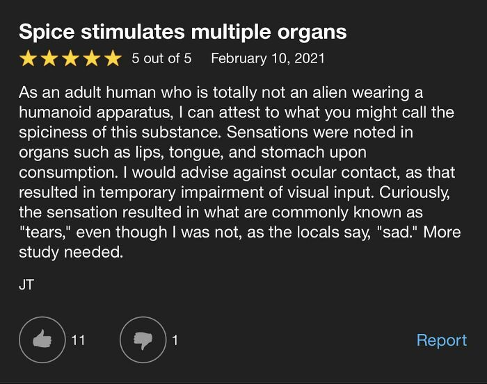 Hilariously unhinged review rating spice effects with humor, highlighting unexpected reactions and quirky advice.