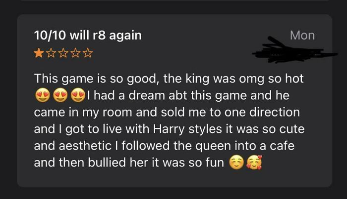 Hilariously unhinged game review describing a surreal and funny experience with humorous emojis included.