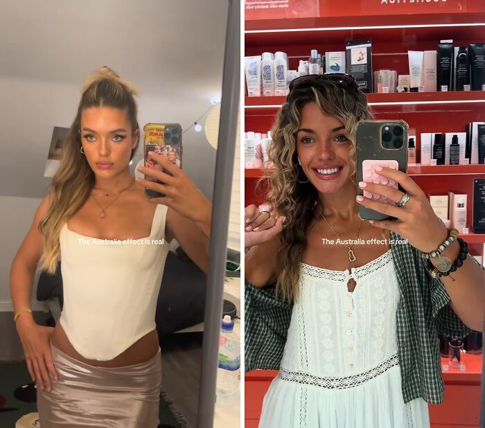 Before and after photos showing the Australia effect with changes in style and appearance in indoor settings.