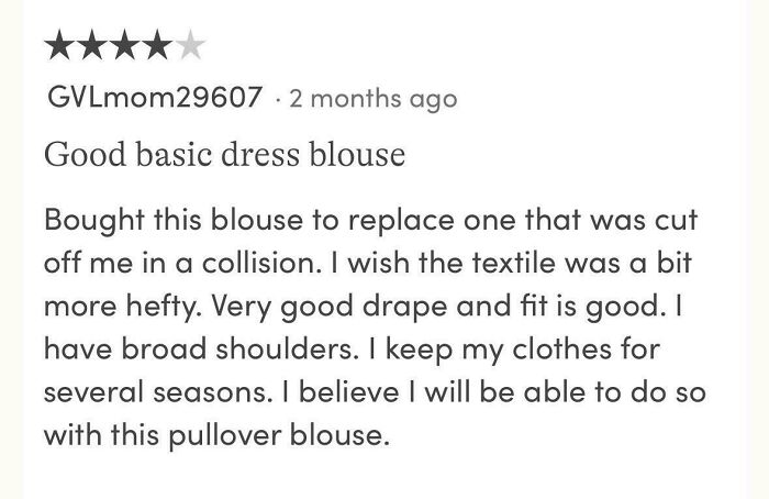Customer review of a dress blouse with a 3.5-star rating, part of hilariously unhinged reviews that work better than advertisements.