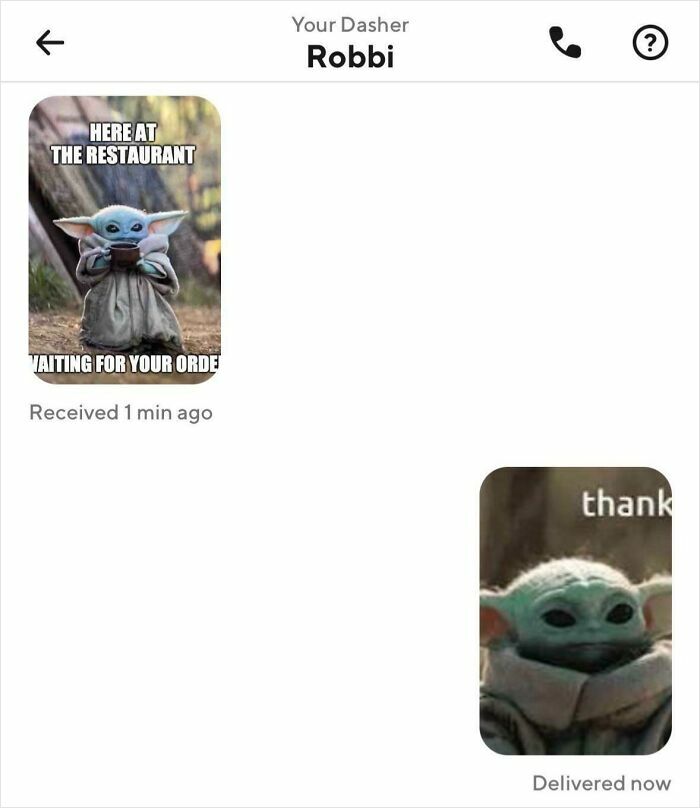 Chat screen with delivery driver Robbi sending a funny message using Baby Yoda meme about waiting at the restaurant.