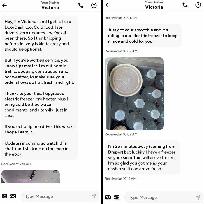 Texts from a delivery driver explaining steps to keep orders fresh with electric freezer and timely updates.
