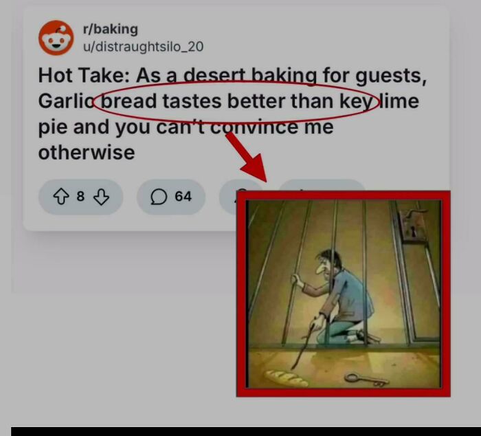 Reddit post joking bread tastes better than key lime pie, with an illustration of a man behind bars reaching for bread and a key.