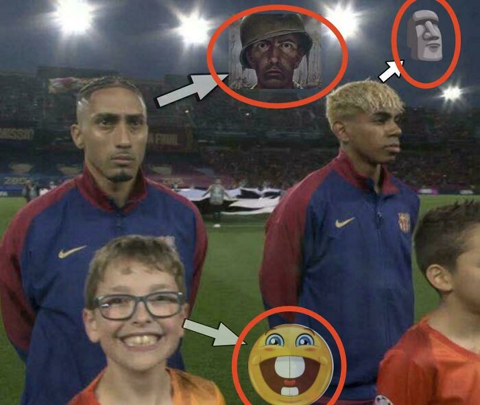 Two athletes and a child on a field with images that look like or remind people of other things highlighted.