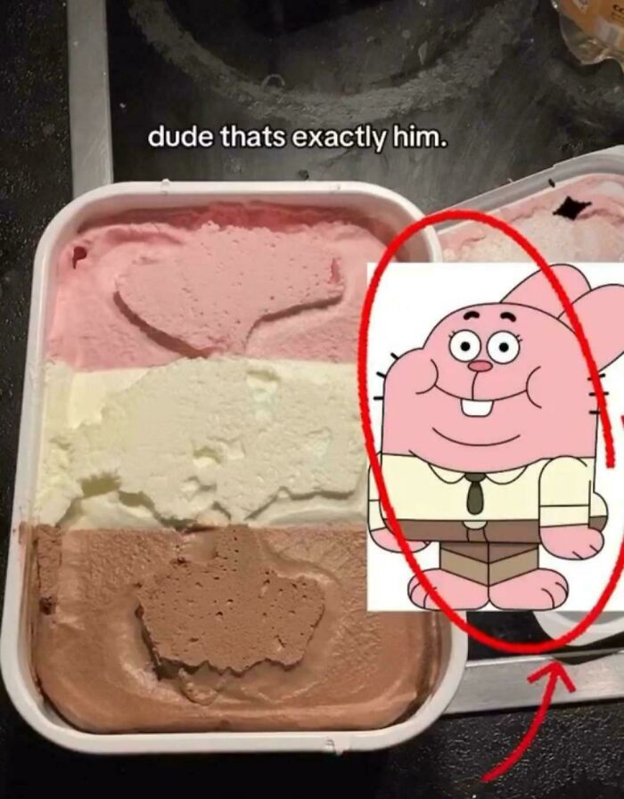 Ice cream texture in three colors resembling a cartoon character from popular animation, highlighting things that remind people of other things.