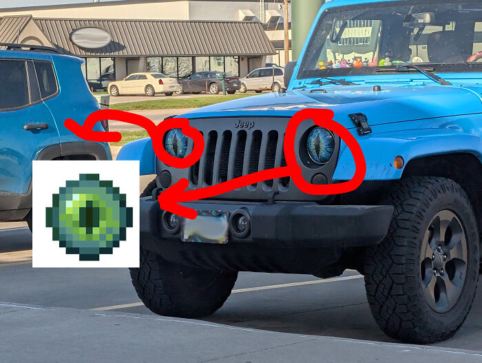 Blue Jeep with headlight covers resembling green eyes, illustrating things that look like or remind people of other things.