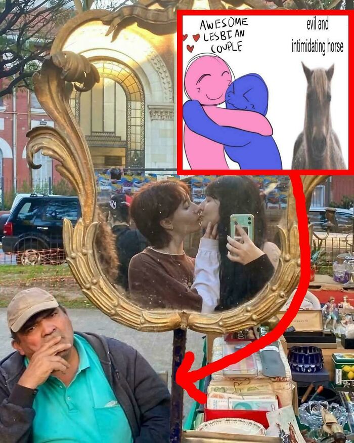 Two people kissing reflected in an ornate mirror at an outdoor market, illustrating things that remind people of other things.