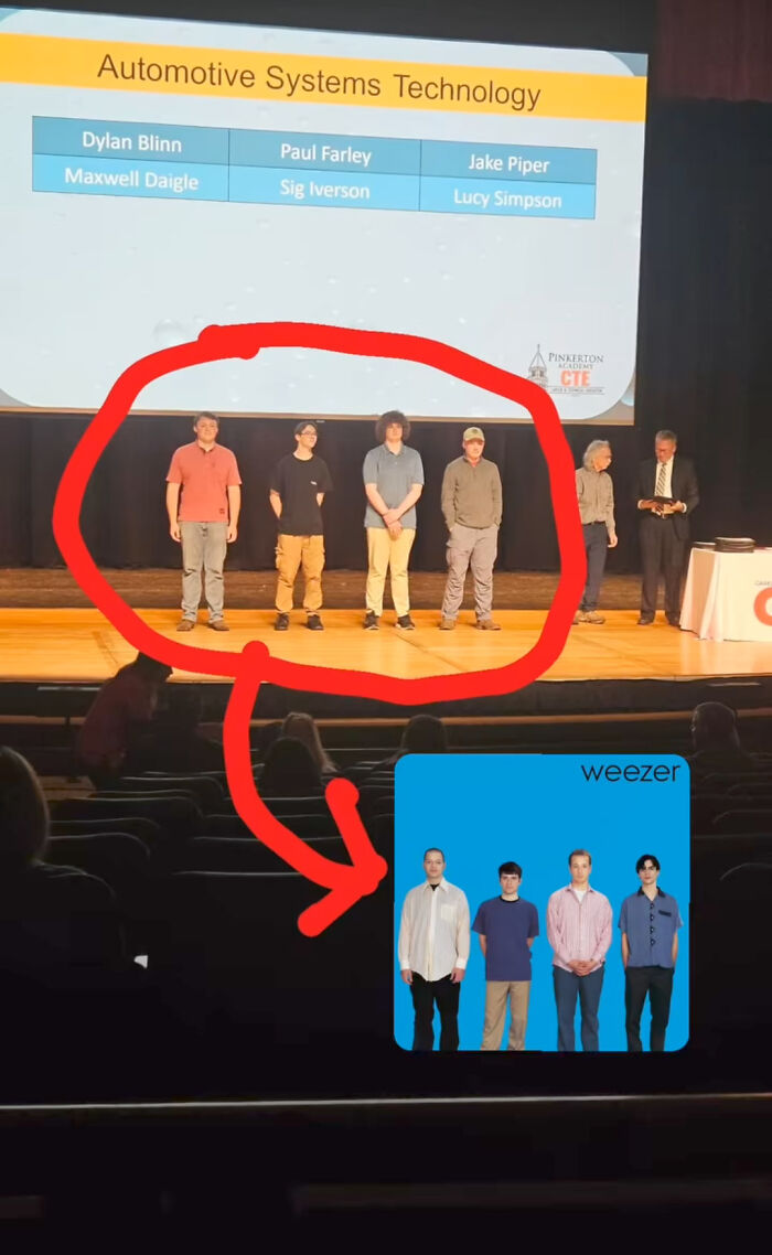 Group of students on stage circled and compared to the band Weezer in a visual example of things that remind people of other things.