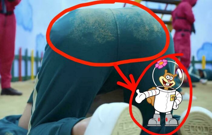 Close-up of a person’s pants stained to look like a cartoon character, illustrating things that remind people of other things.