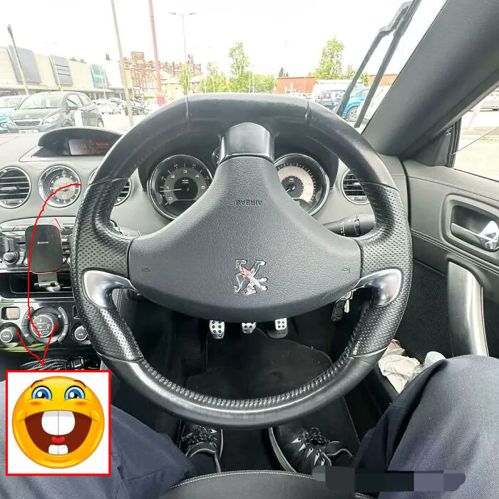 Car interior with steering wheel and dashboard resembling a smiling face, illustrating things that look like other things.