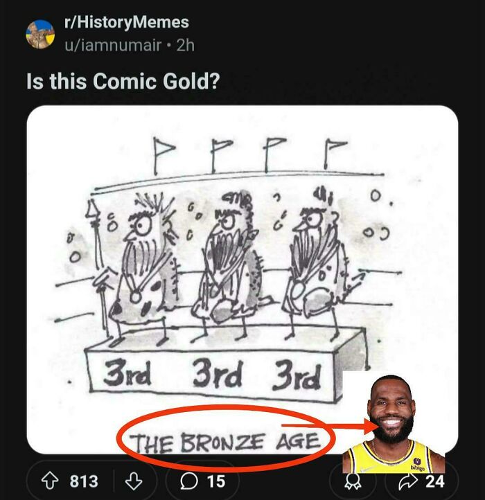 Cartoon of three cavemen all tied for third place on a podium labeled the bronze age, illustrating things that look like others.