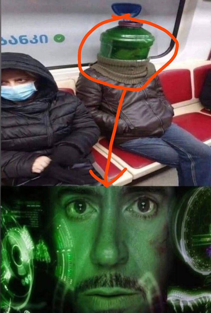 Man on subway with water jug on head looks like a tech interface scene reminding of things that look like other things.