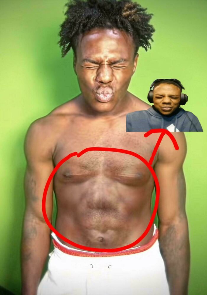 Man with facial features on his torso highlighted to show things that look like or remind people of other things.