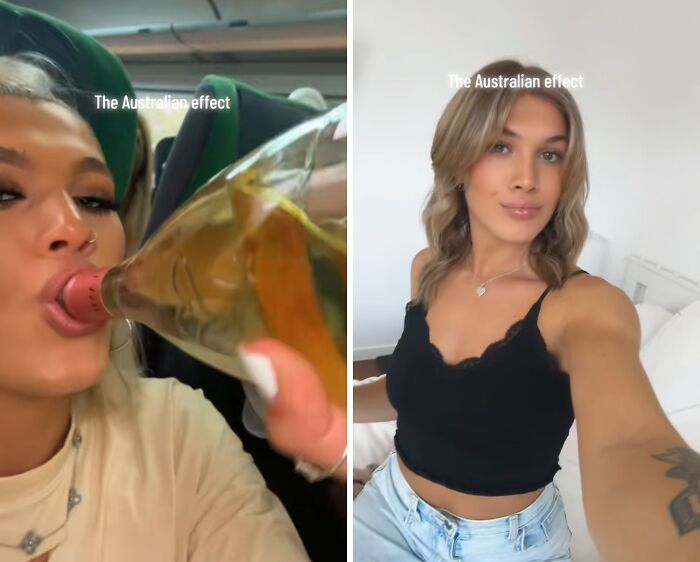 Side-by-side before and after pics showing the Australian effect on a woman's appearance and lifestyle changes.