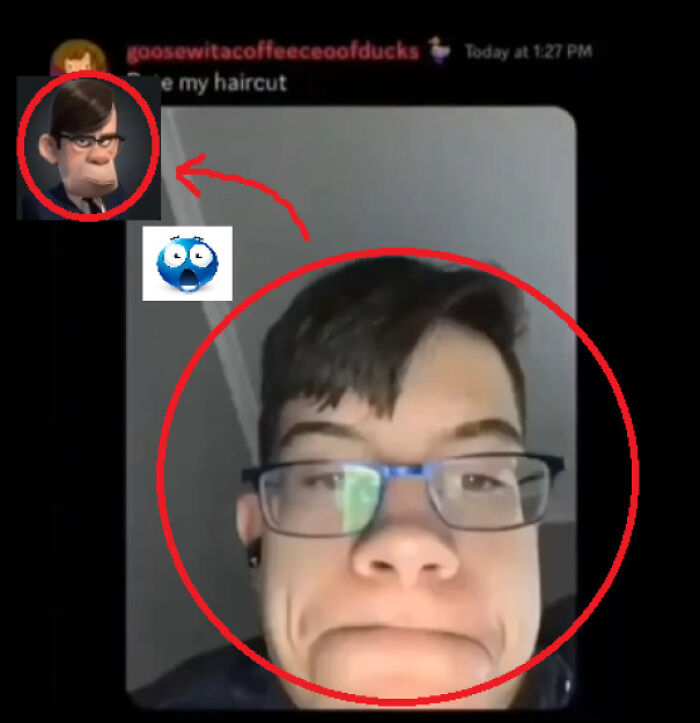 Young man with glasses and unique haircut resembling a cartoon character in a funny visual comparison about things that look like others.