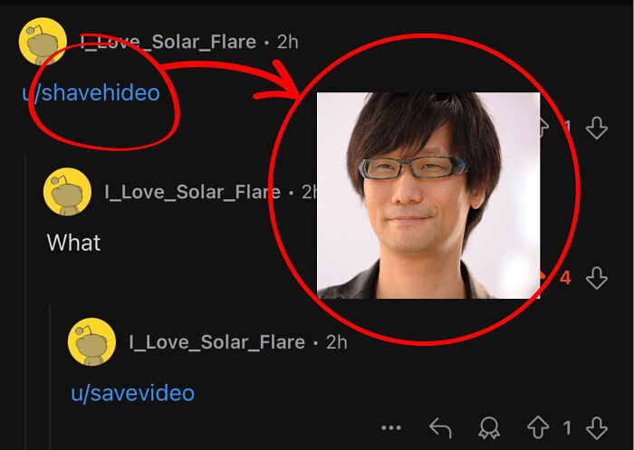 Reddit comment thread showing usernames and a profile picture of a man wearing glasses, related to things that remind people of other things.