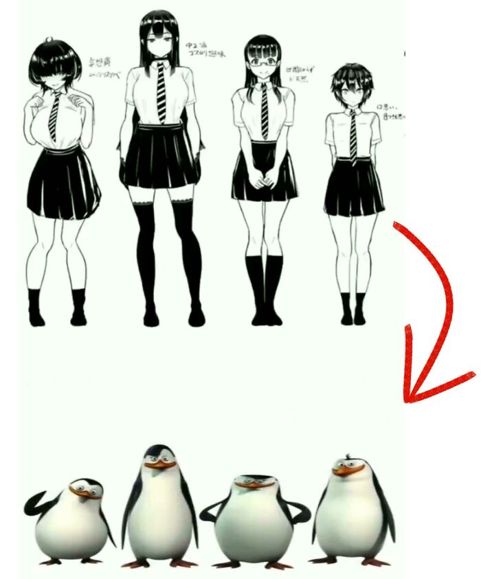 Comparison of four girls in school uniforms and four animated penguins illustrating things that look like or remind people of other things.