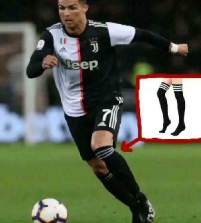 Soccer player wearing socks that look like mismatched striped thigh-high socks, illustrating things that remind people of other things.