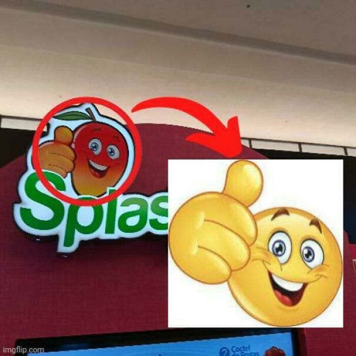 Cartoon fruit character giving thumbs up, resembling a popular smiling emoji, illustrating things that look like others.