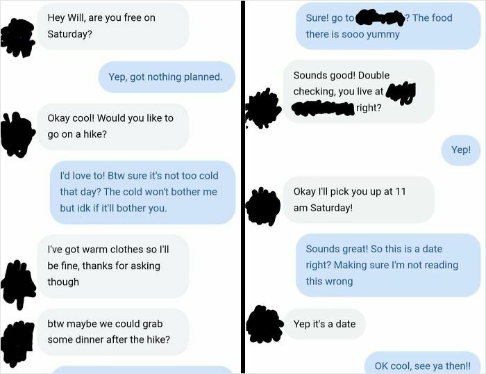 Text message conversation showing plans for a hike and dinner date, illustrating people turning dreams into reality.