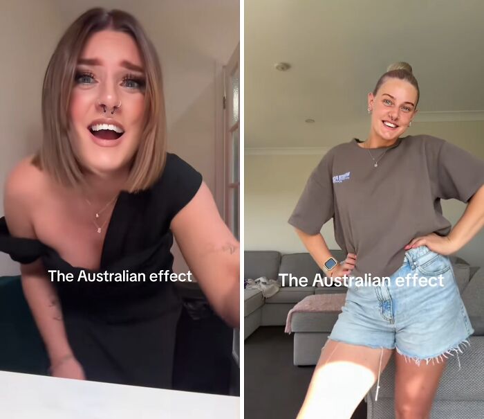 Before and after photos showing how the Australian effect changes people's style and confidence indoors.