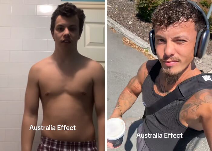 Before and after photos showing the Australia effect on a young man's appearance and lifestyle transformation.