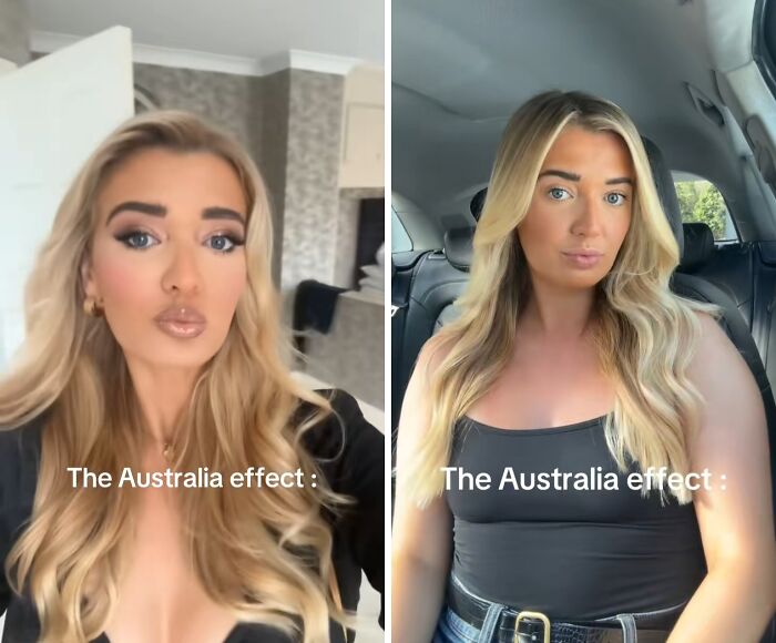 Side-by-side before and after photos showing the Australia effect on a woman's appearance and style.