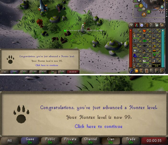 Screenshot of a player reaching Hunter level 99 in RuneScape, showcasing dreams turned into reality in gaming.