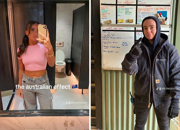 Before and after pics showing how Australia changes people, featuring a casual woman and a worker in warm clothing.