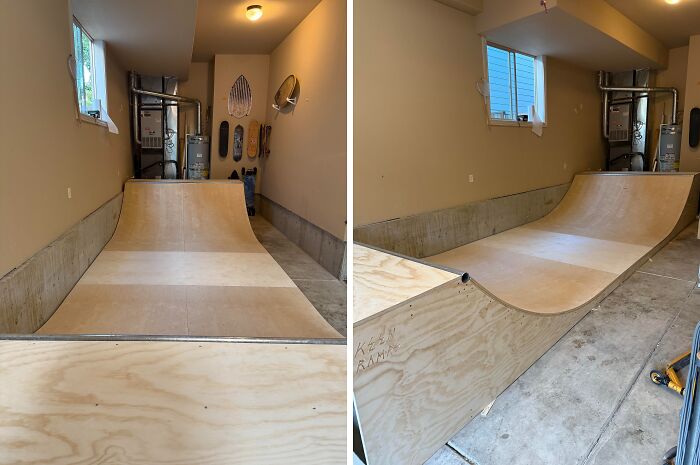 Indoor wooden mini ramp for skateboarding built in a garage, showcasing a dream turned into reality and inspiring creativity.