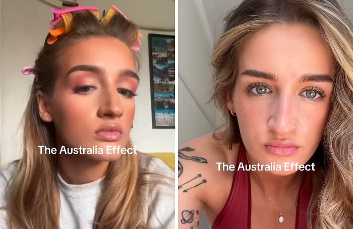 Before and after pics showing the Australia effect on a woman’s appearance and lifestyle transformation.
