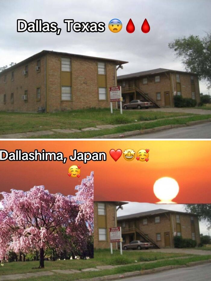 A plain apartment building in Texas transformed with cherry blossoms and a sunset for a Japan aesthetic makeover.