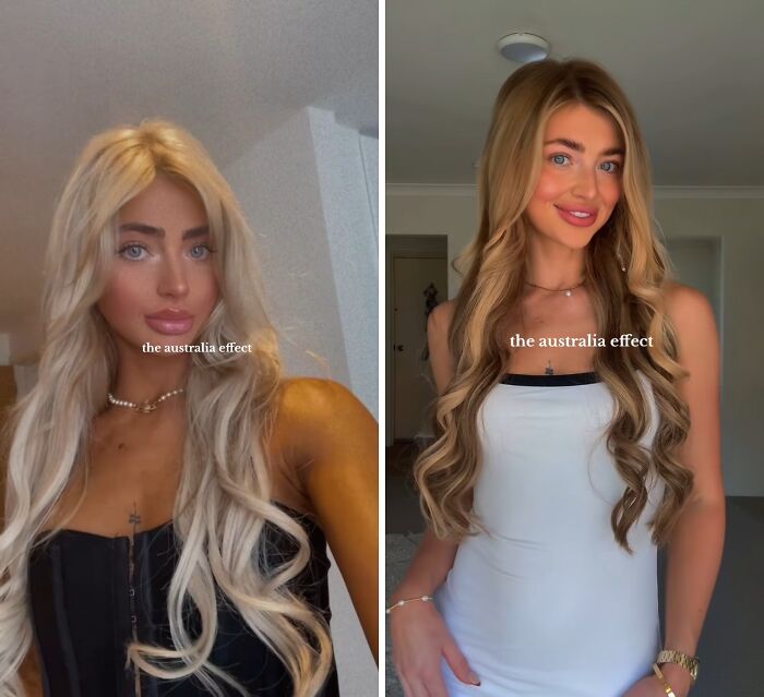 Before and after photos showing how Australia changes people with noticeable differences in appearance and style.