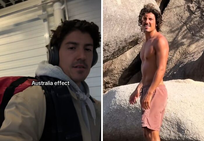 Man showing before and after transformation with Australia effect, indoors and outdoors by large rocks.