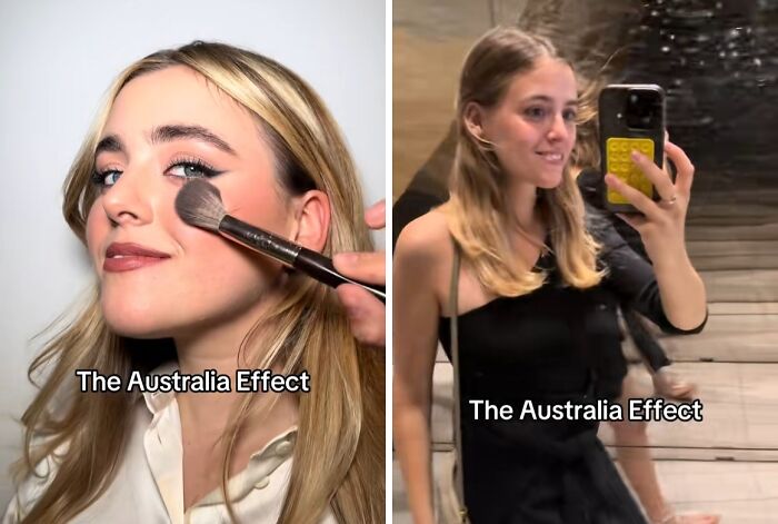 Before and after pics highlighting the Australia effect on people's appearance and style transformation in everyday settings.