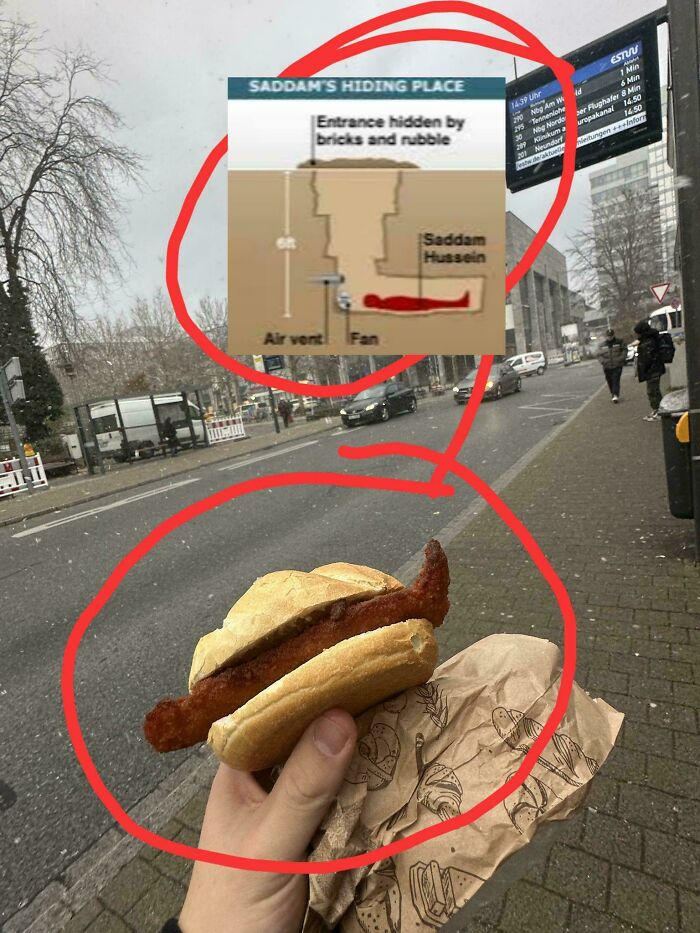 Hand holding a sandwich that looks like a diagram of Saddam Hussein’s hiding place, illustrating things that look like other things.