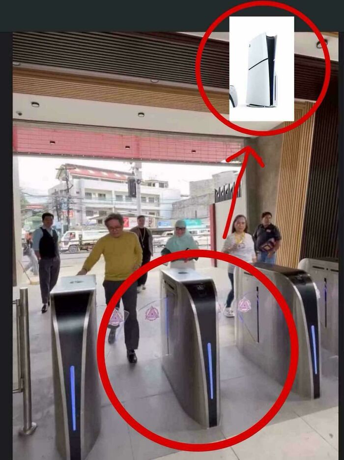 Turnstiles in a public space resembling a PlayStation console, showcasing things that look like other objects.