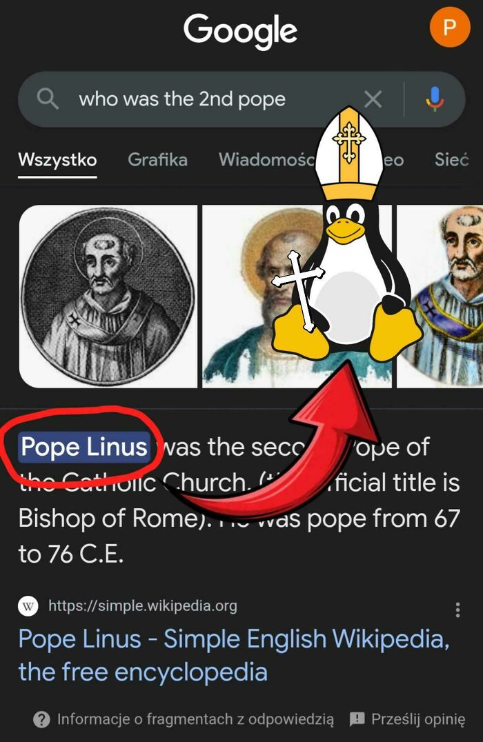Google search result showing Pope Linus with a penguin dressed as pope, illustrating things that remind people of other things