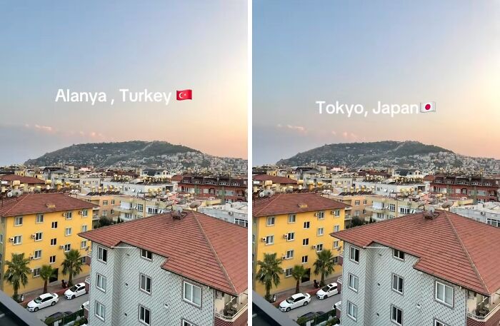 Side-by-side cityscape comparison showing how adding Japan to a photo enhances its aesthetic appeal at sunset.