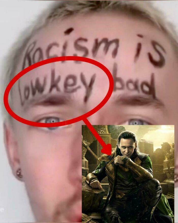 Close-up of a face with writing on the forehead and an arrow pointing to Loki, illustrating things that look like or remind people of other things.
