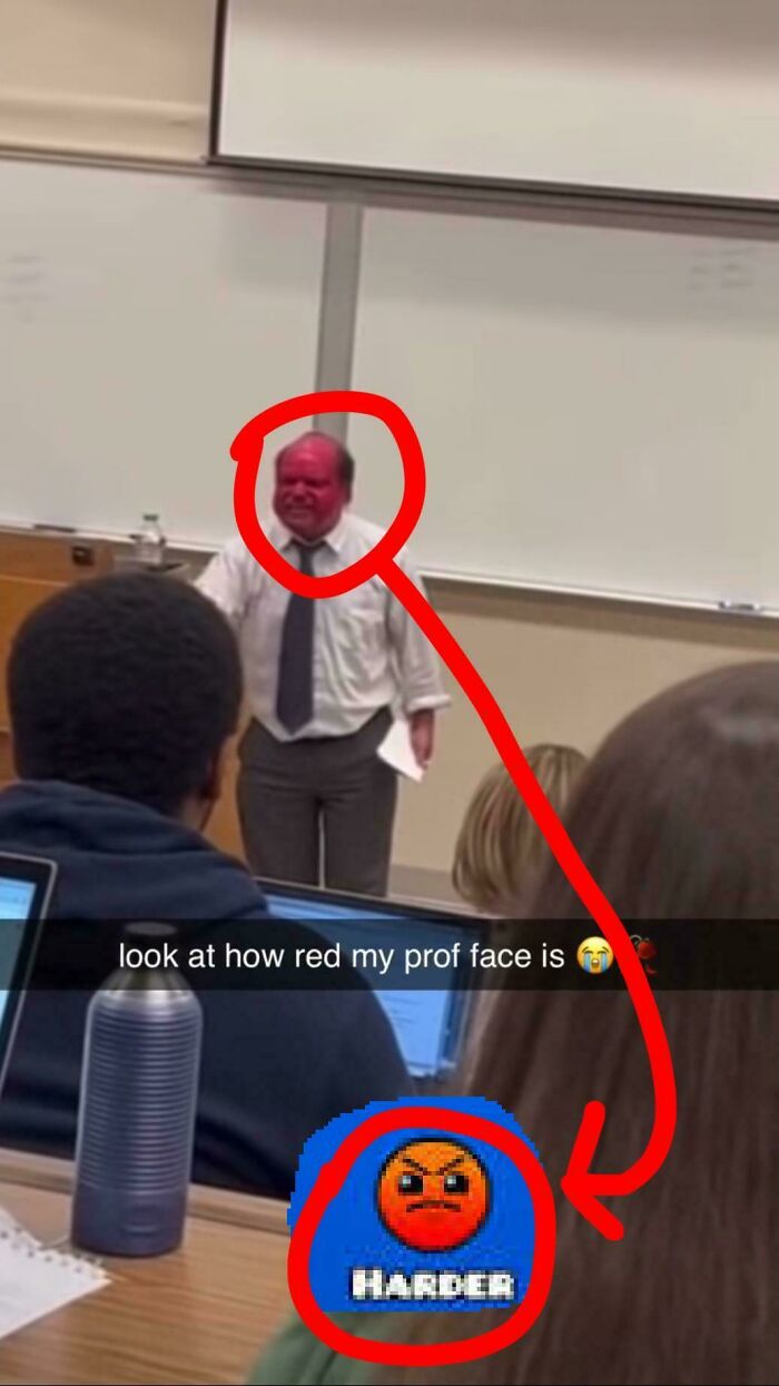 Professor with a bright red face in classroom humorously compared to an angry emoji, relating to things that look like other things.