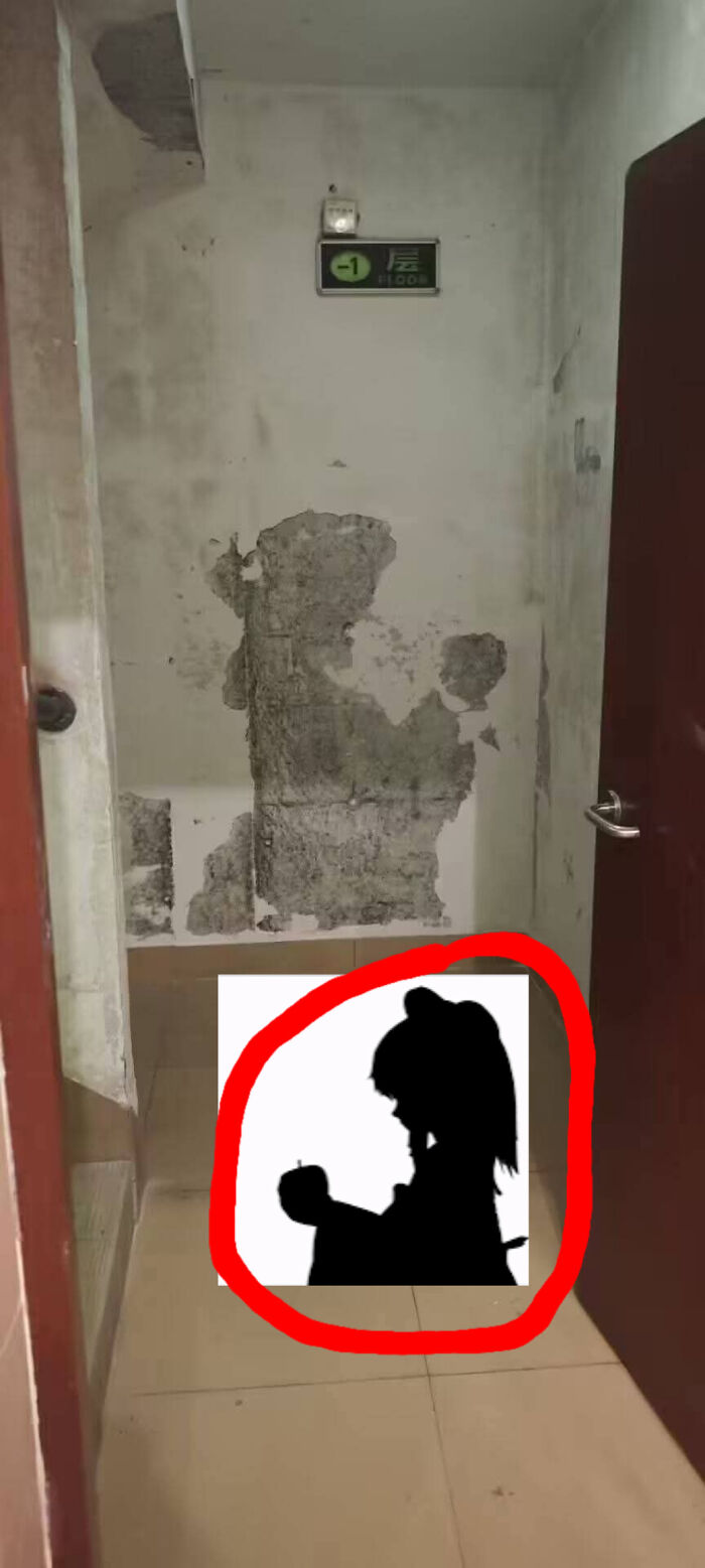Peeling wall paint resembling a silhouette of a girl holding an apple, a thing that looks like other things.