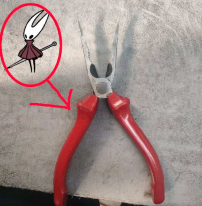 Red-handled pliers resembling a character from a video game in a visual example of things that remind people of other things.