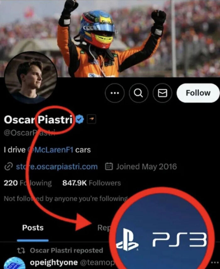 Twitter profile showing a PlayStation logo resembling the name Piastri, one of 91 things that look like other things.