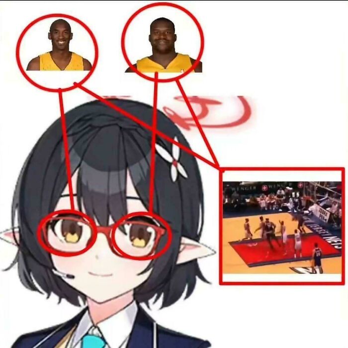 Anime character with basketball player faces highlighted in eyes and a basketball game scene, illustrating things that look like other things.