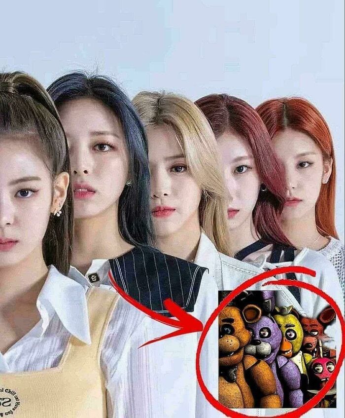 Group of five women with different hair colors, with an inset of animatronic characters that look like or remind people of other things.