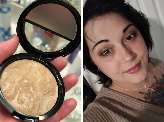 Hand holding makeup compact with mirror next to woman showcasing a glowing complexion during Black Friday week deals.