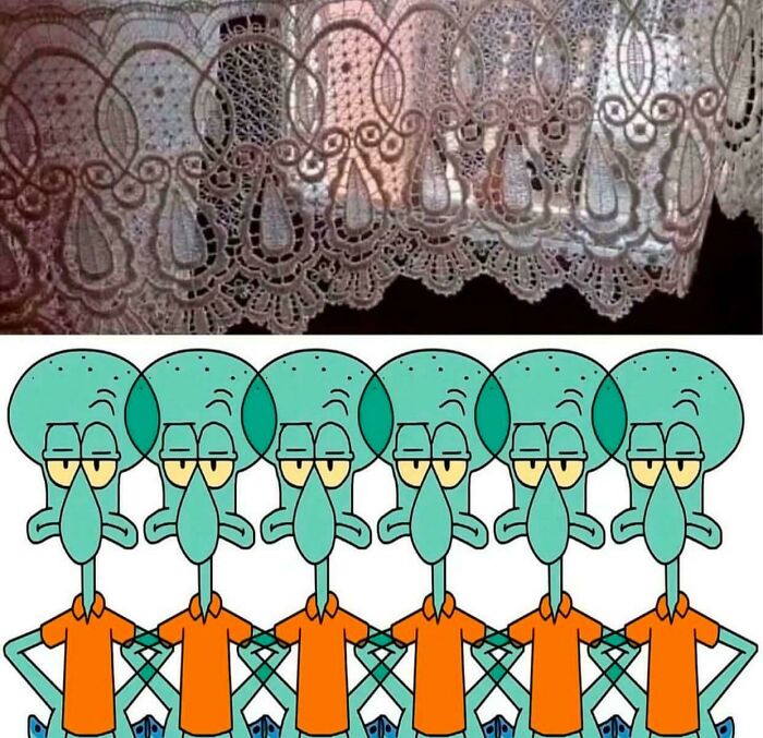 Lace curtain pattern resembling multiple cartoon squid characters lined up, highlighting things that look like other things.