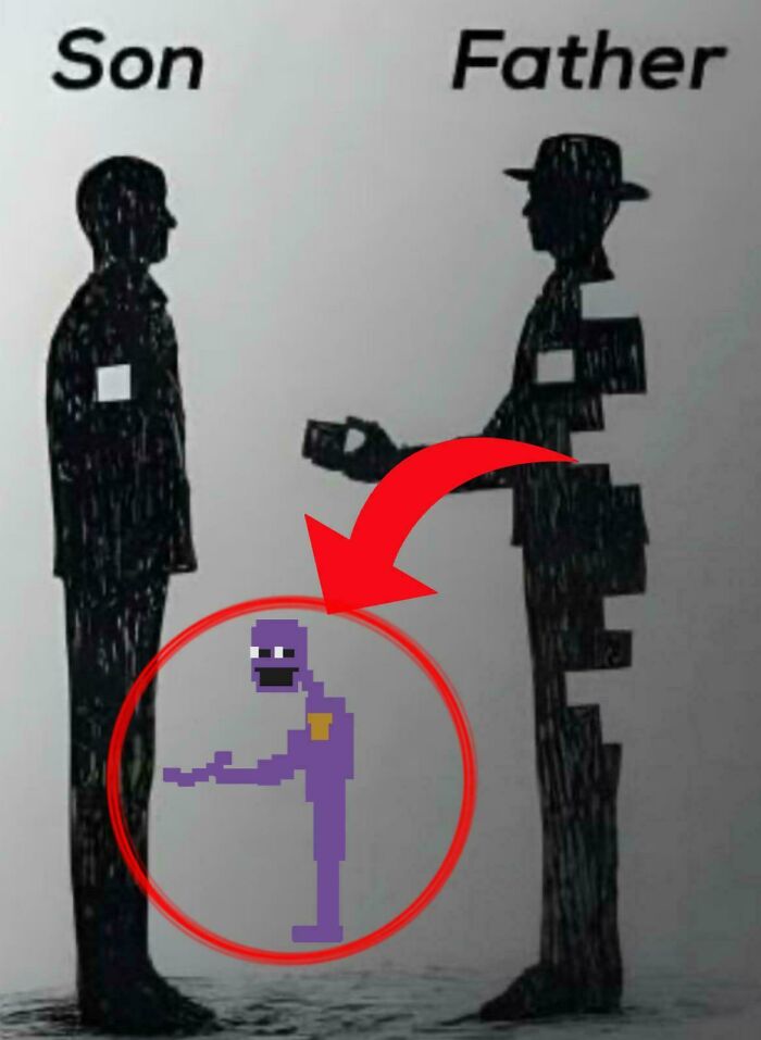 Silhouettes of a son and father with pixel art character overlay, illustrating things that look like or remind people of other things.