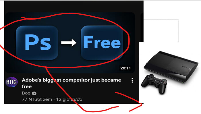 Adobe Photoshop icon transitioning to the word Free next to a PlayStation 3 console and controller, visual resemblance concept.